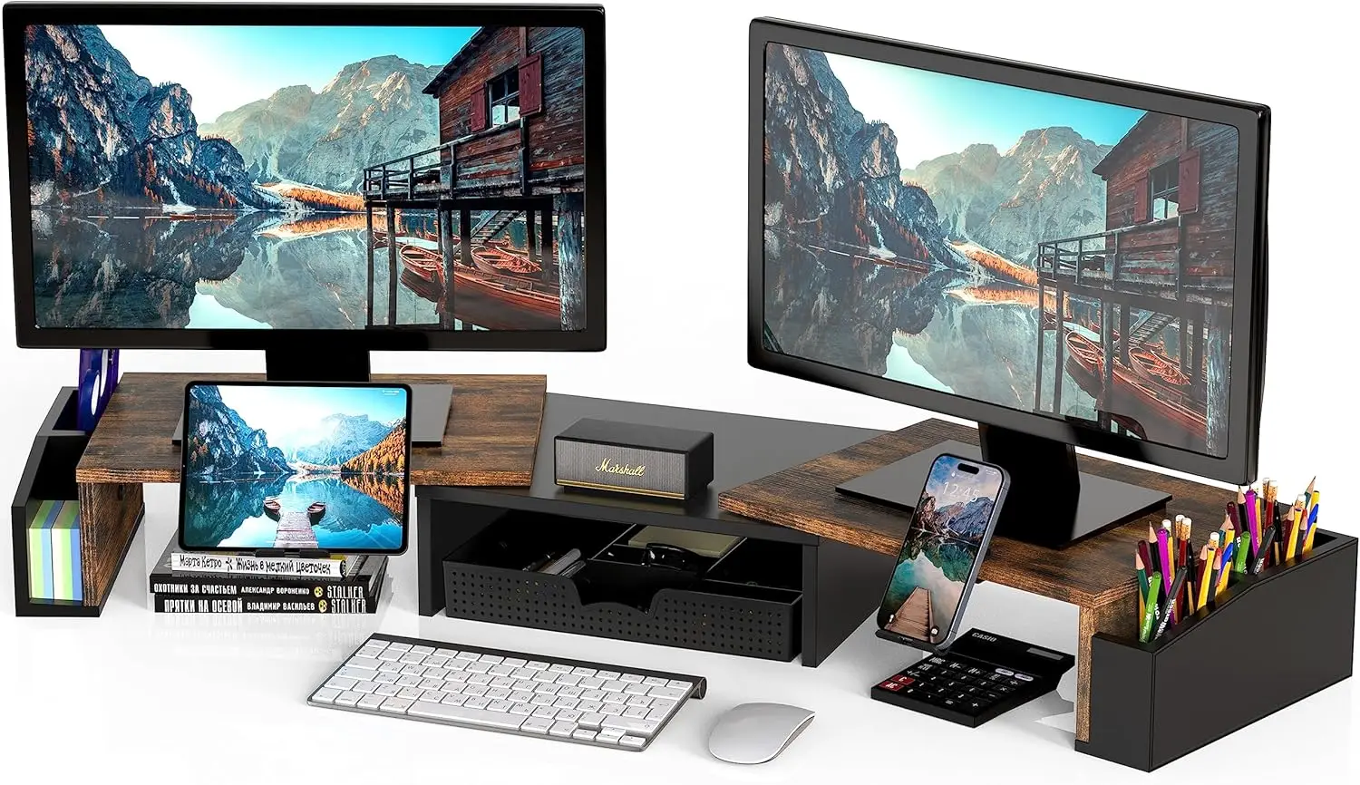 Dual Monitor Stand - 서랍이 있는 빈티지 브라운 듀얼 모니터