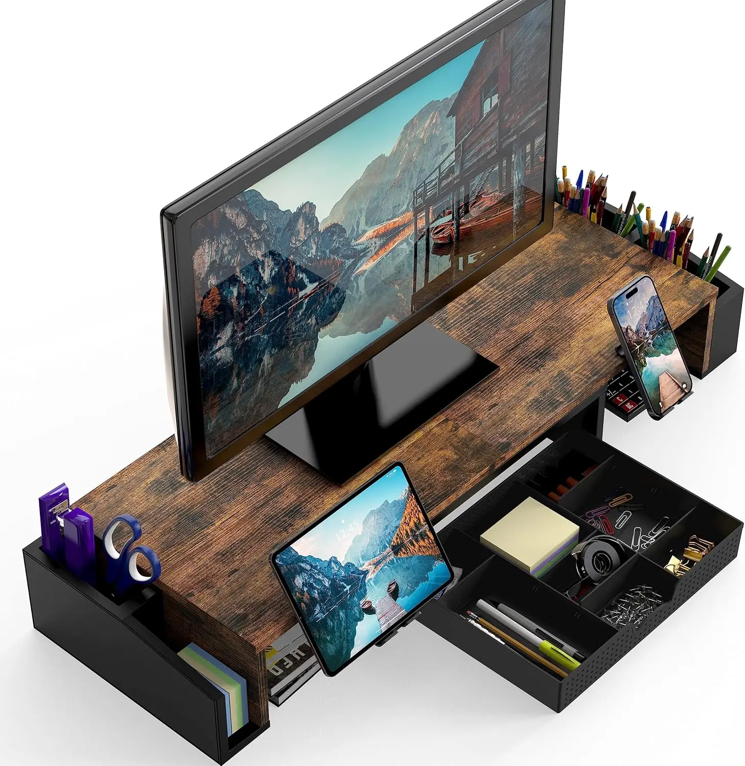 서랍이 있는 빈티지 브라운 듀얼 모니터 데스크 스탠드 - Dual Monitor Stand 리뷰 및 가격